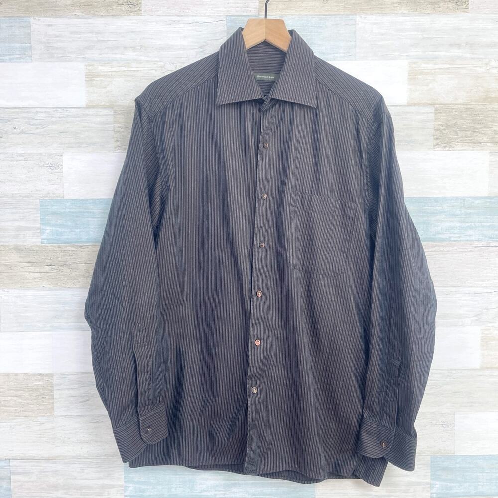Ermenegildo Zegna Spread Collar Sport Shirt Brown Black Stripe Career Mens Large